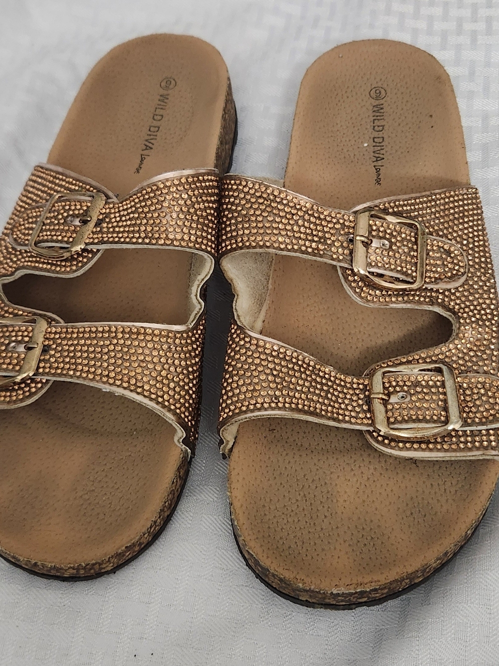Wild Diva Bronze Rhinestone Double Buckle Slide Sandals